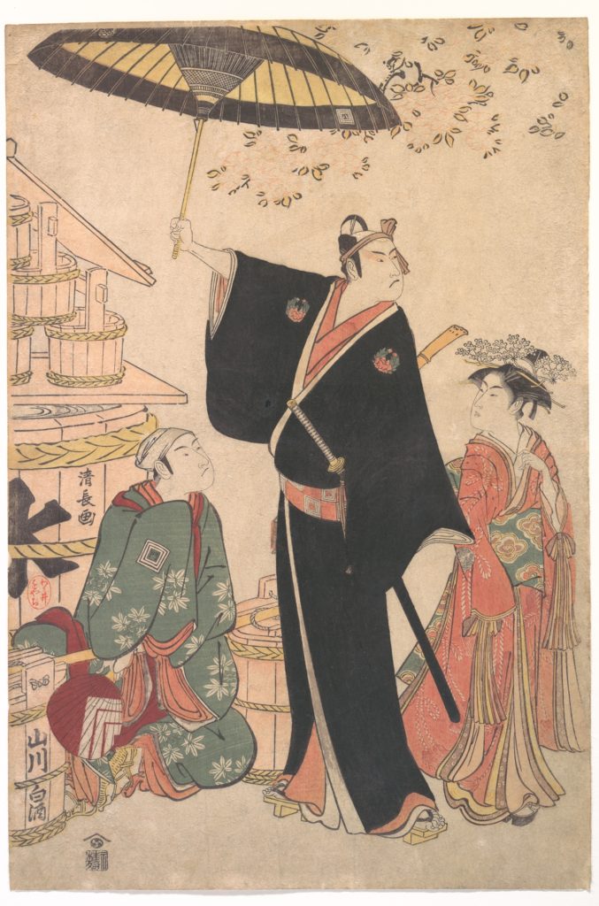 「縁江戸桜　市川八百蔵（三世）助六」（鳥居清長、1784　メトロポリタン美術館）の画像。